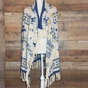 Tasha Polizzi Southwest Aztec Fringe Beige Knit Cardigan Duster Jacket Size S